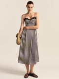 Gingham Spaghetti Strap Midi Dress with Lace Trim