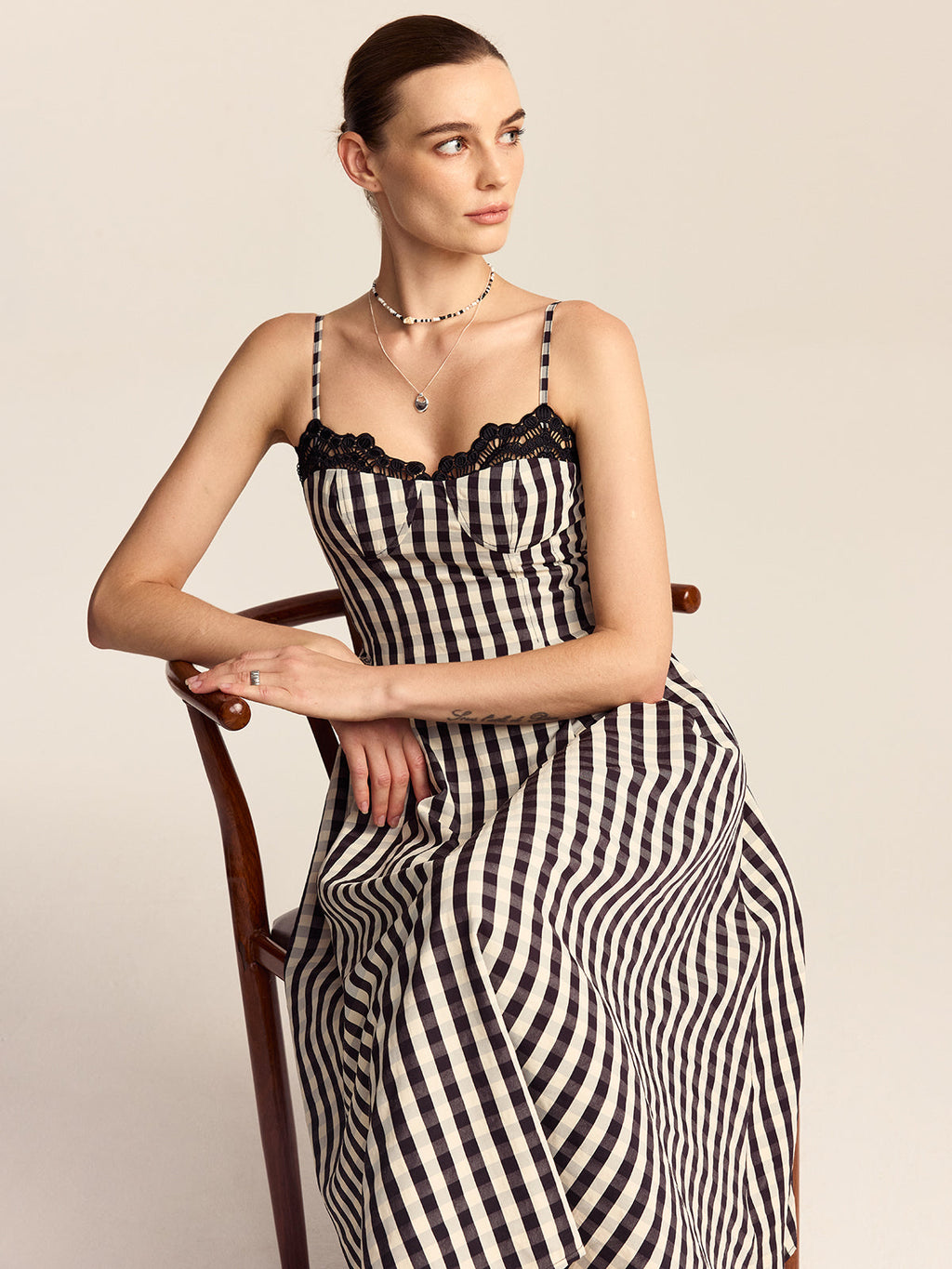 Gingham Spaghetti Strap Midi Dress with Lace Trim