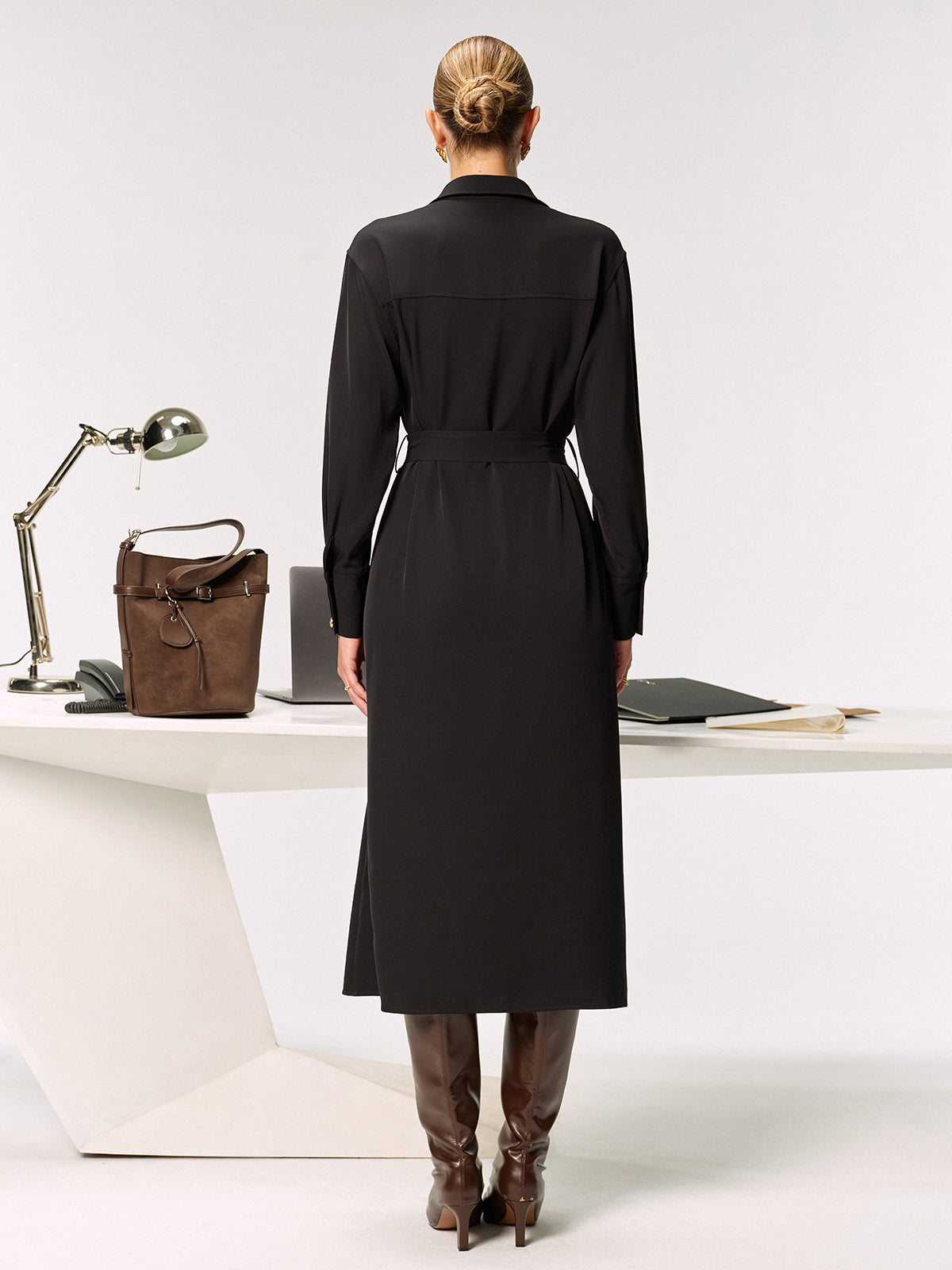 Metal Button-Front Belted Shirt Dress