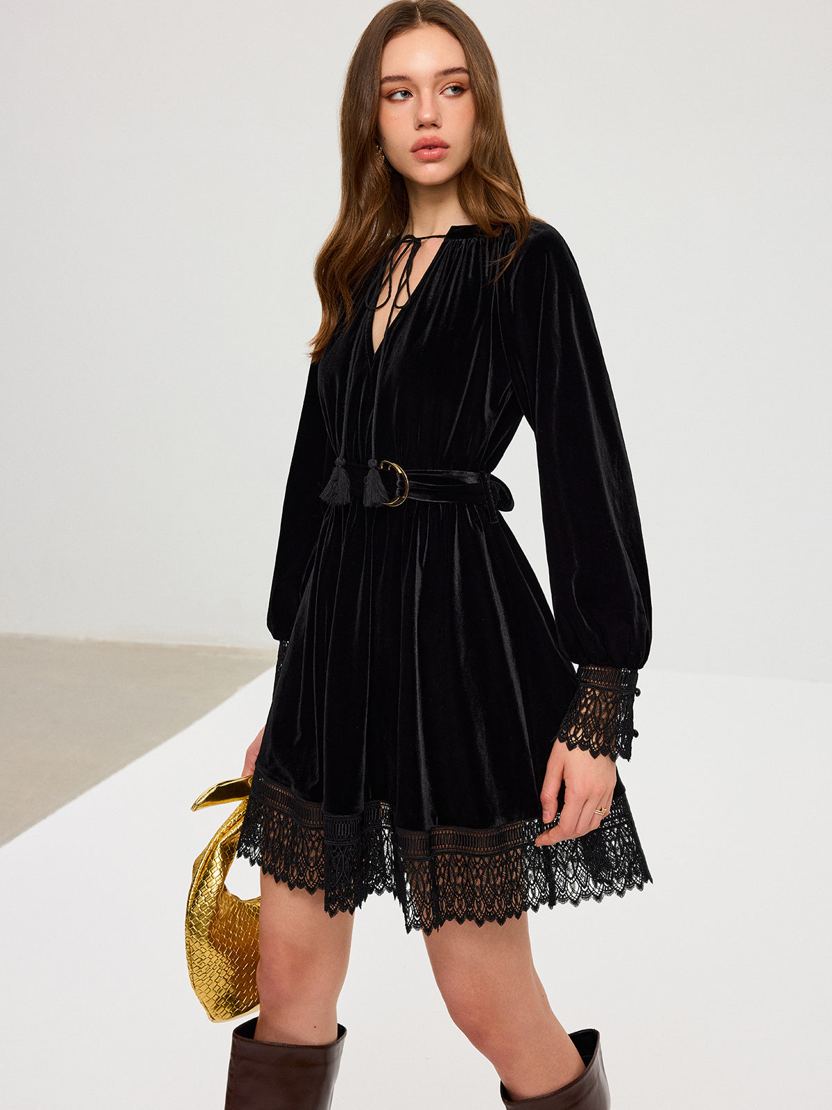 Velvet Belted Lace Trim Mini Dress