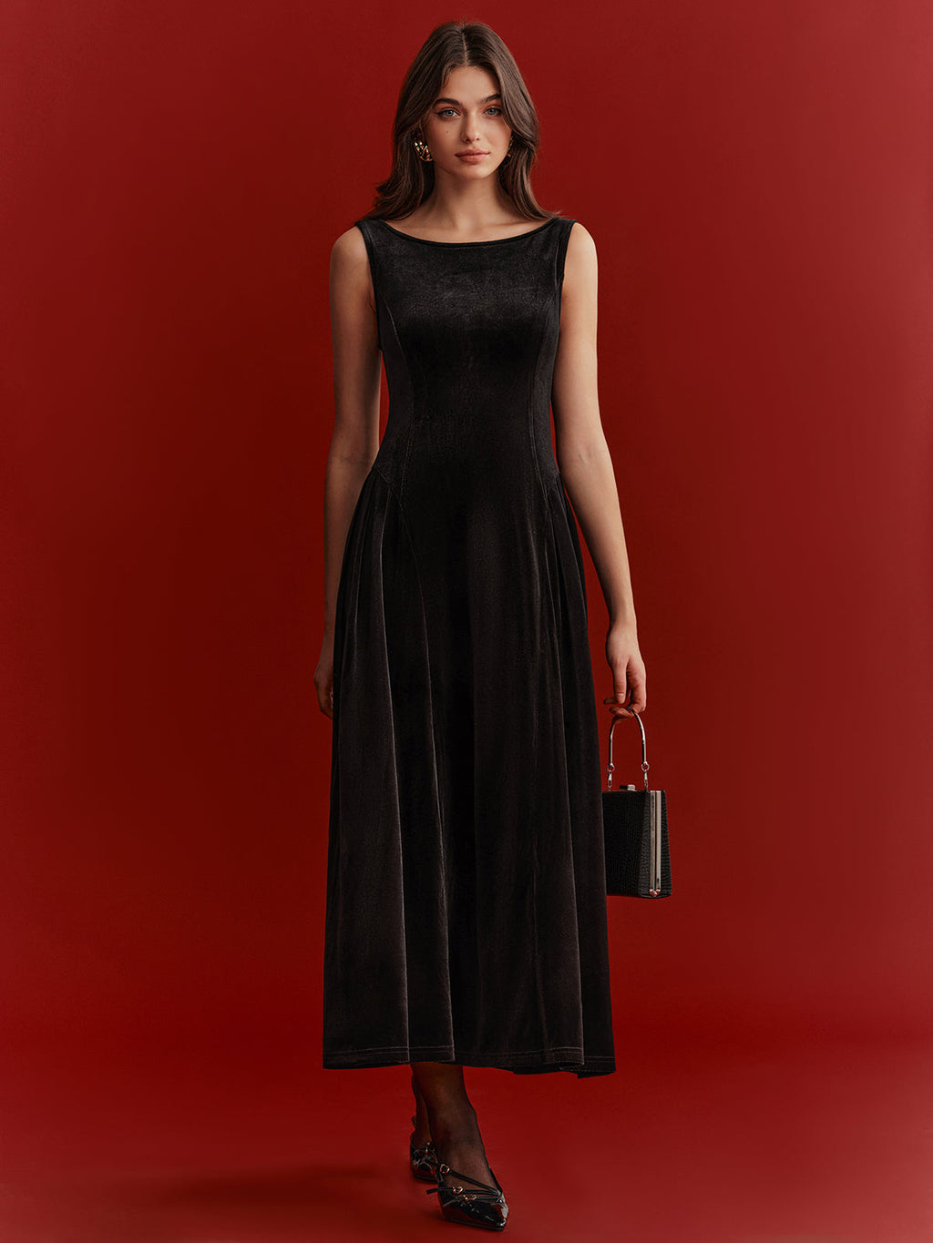 Mesh Back Bow Detail Velvet Maxi Dress