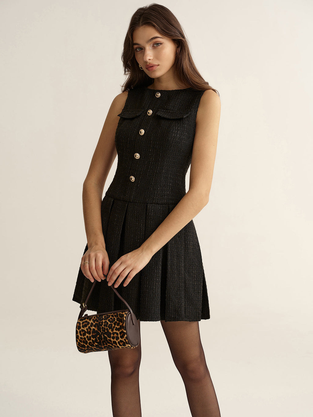 Metal Detail Tweed Pleated Mini Dress