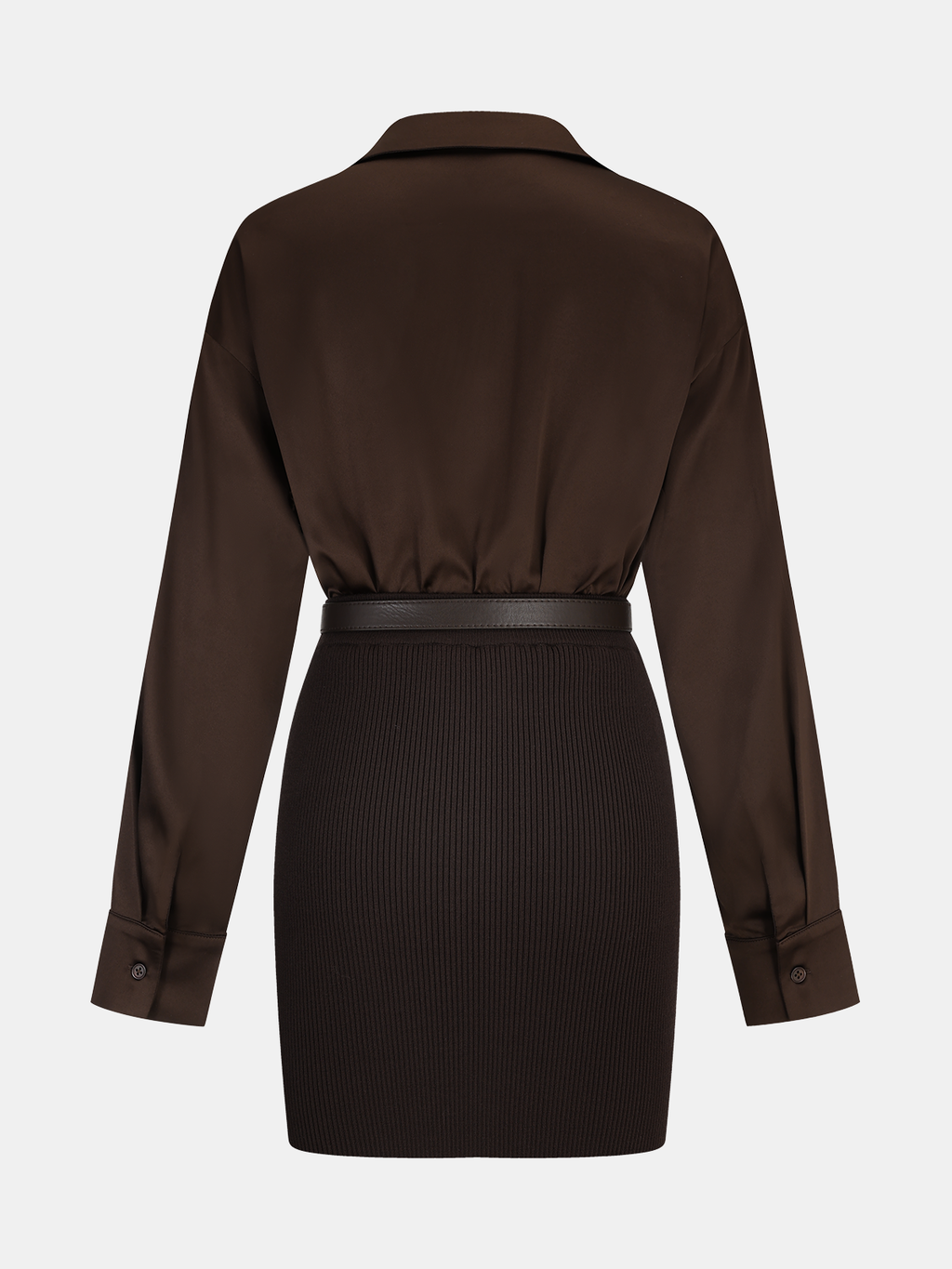 Ribbed Knit Panel Belted Shirt Dress