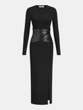 Faux Leather Wrap Waist Dress with Side Slit