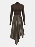 Faux Leather Paneled Knit Asymmetrical Dress