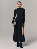 Side Button Slit Rib-Knit Maxi Dress