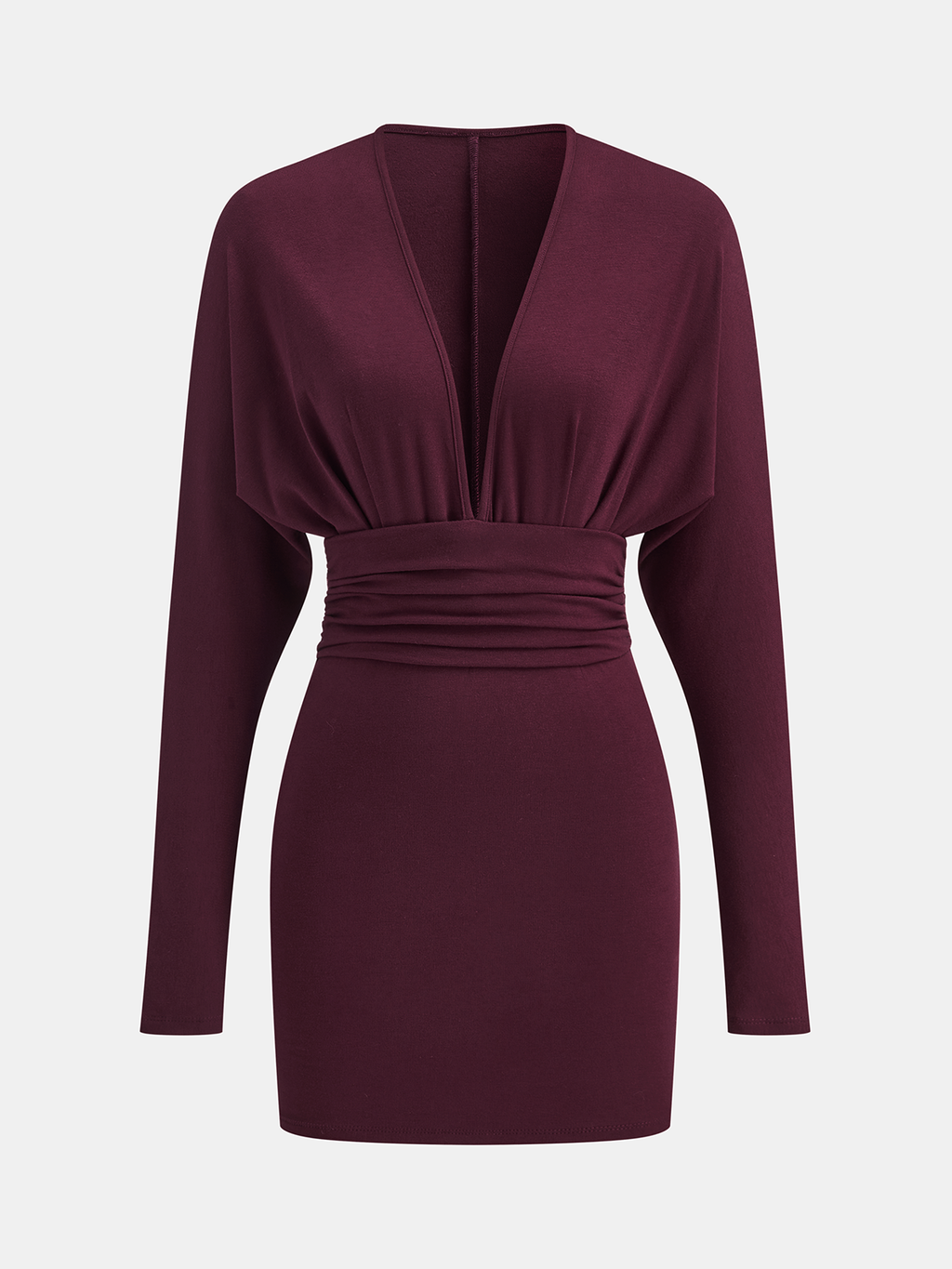 Deep V-Neck Ruched Long-Sleeve Mini Dress
