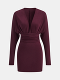 Deep V-Neck Ruched Long-Sleeve Mini Dress