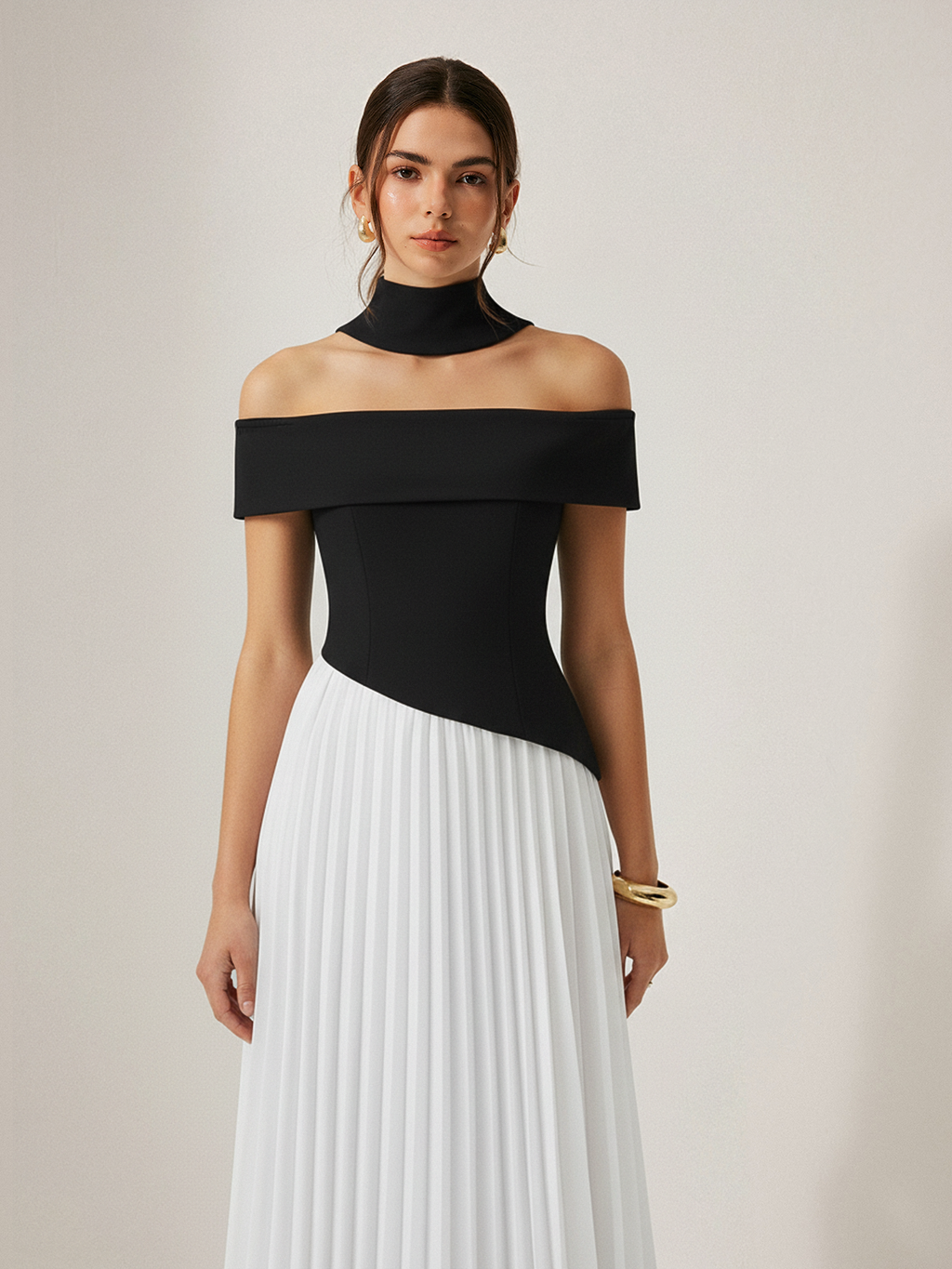 Color-Block Off-Shoulder Pleated Maxi Dress