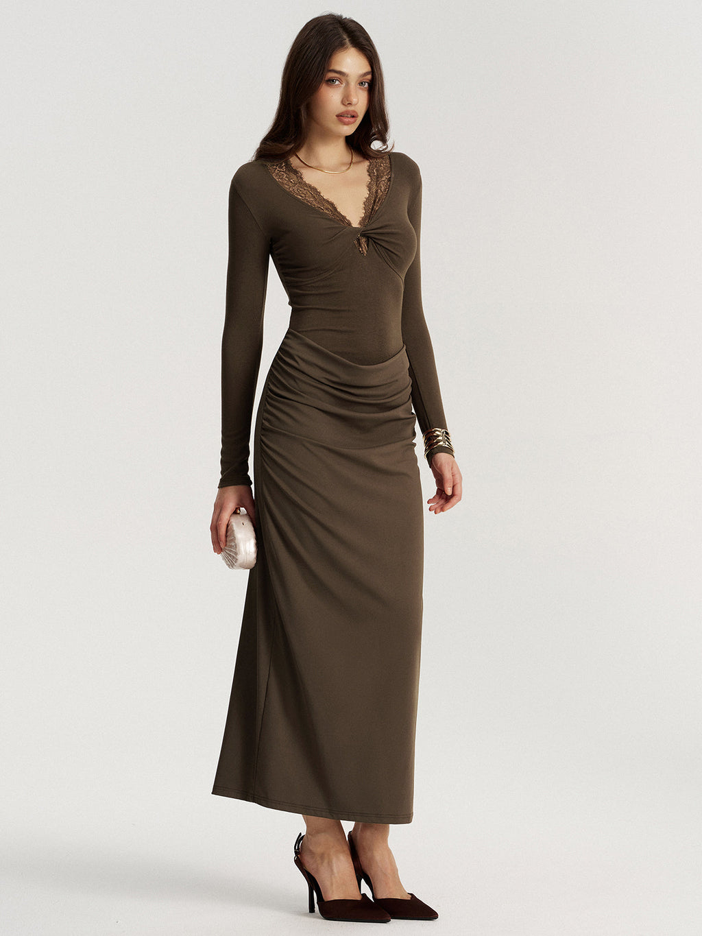 Twisted Lace V-Neck Ruched Maxi Dress
