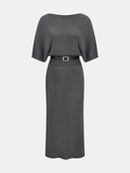 Batwing Sleeve Belted Knit Midi Dress