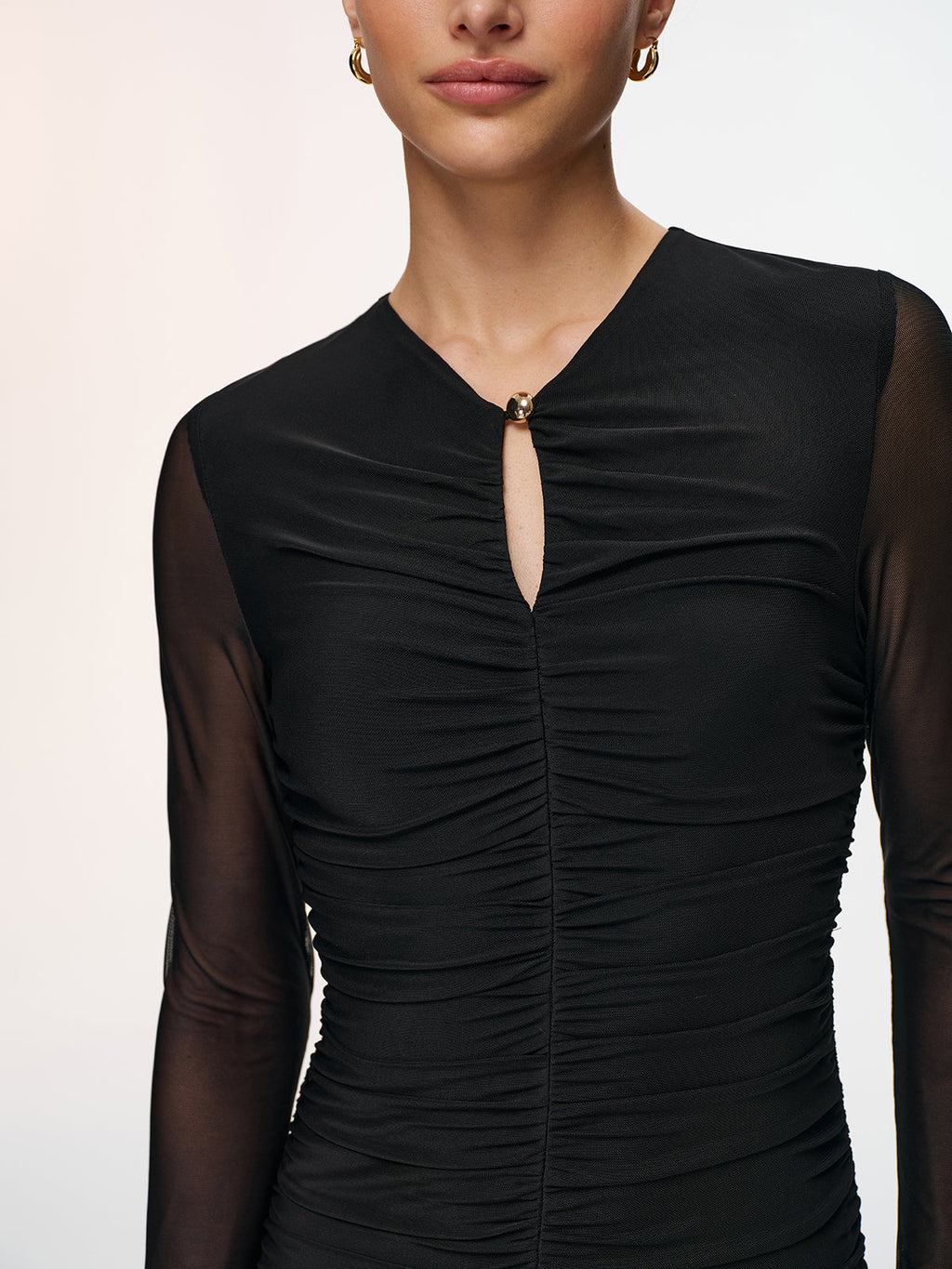 Semi-Sheer Mesh Ruched Keyhole-Neck Dress