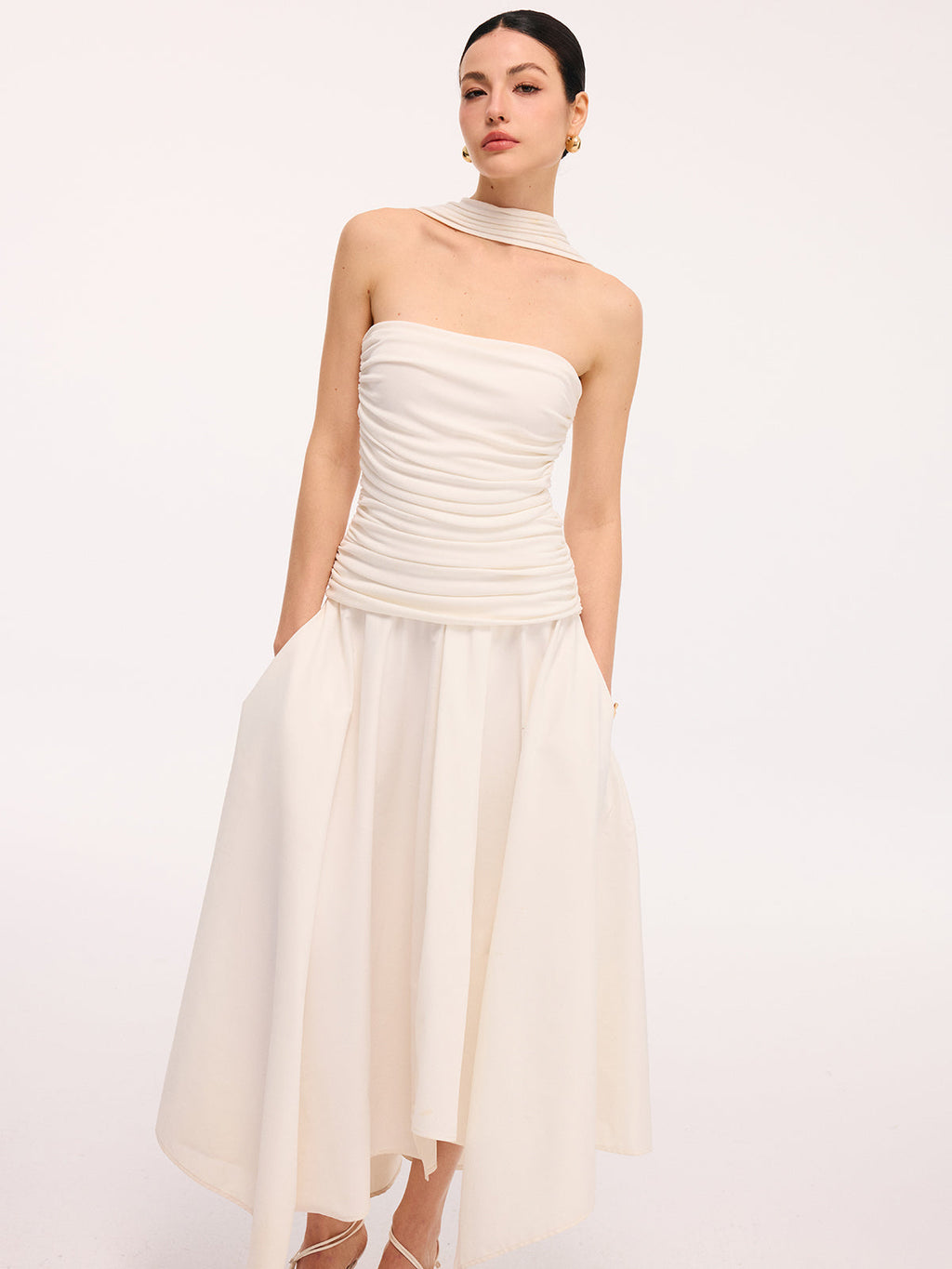 Asymmetrical Hem Ruched Halter Midi Dress