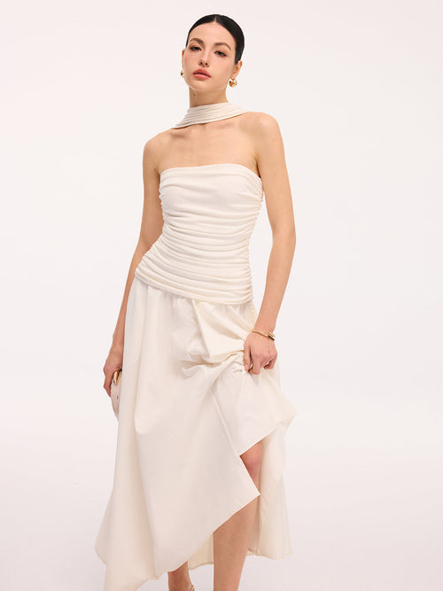 Asymmetrical Hem Ruched Halter Midi Dress