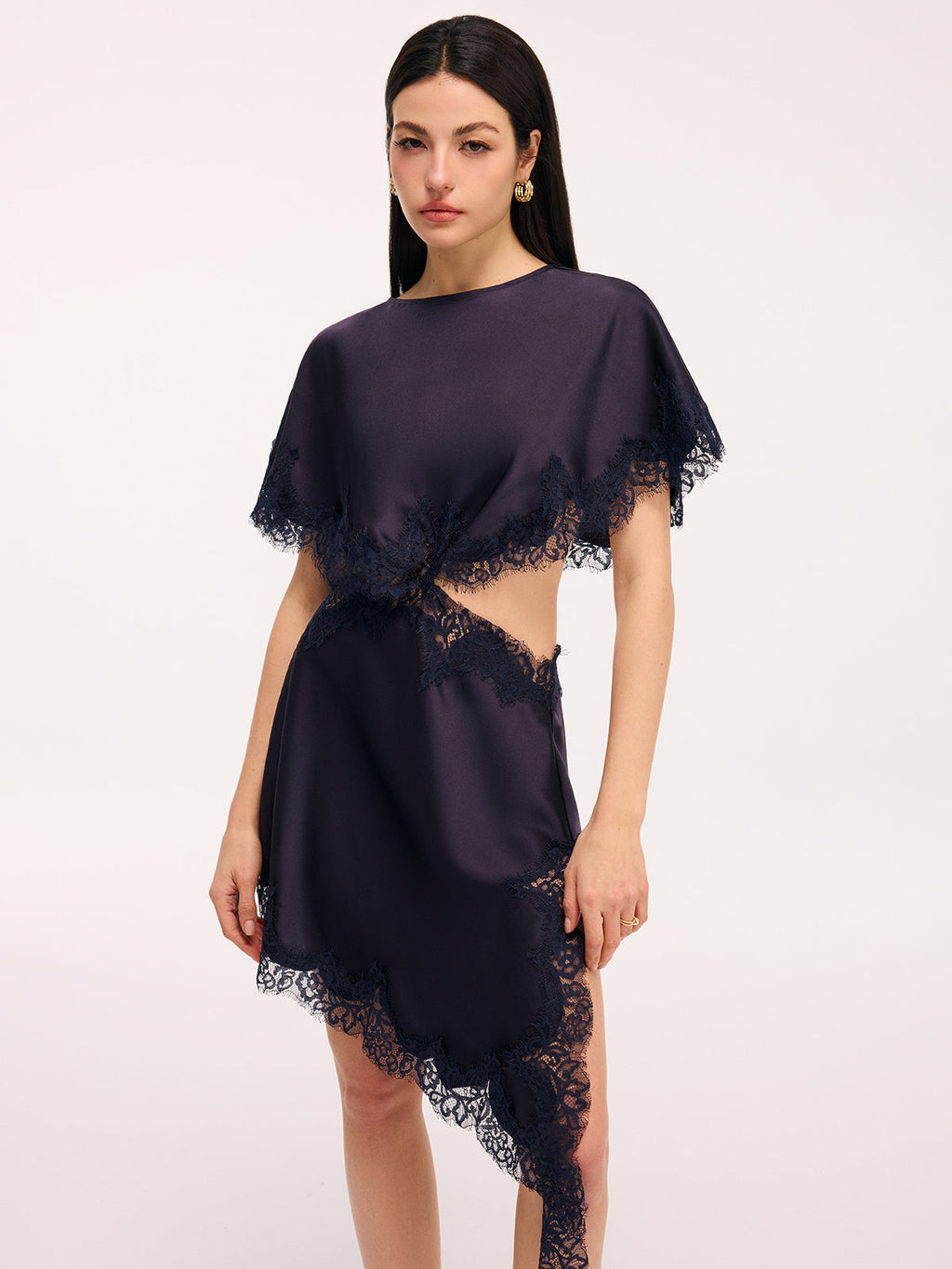 Lace Trim Satin Cut-Out Capelet Mini Dress