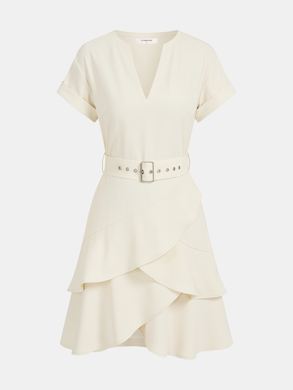 Belted V-Neck Short Sleeve Ruffle Dress