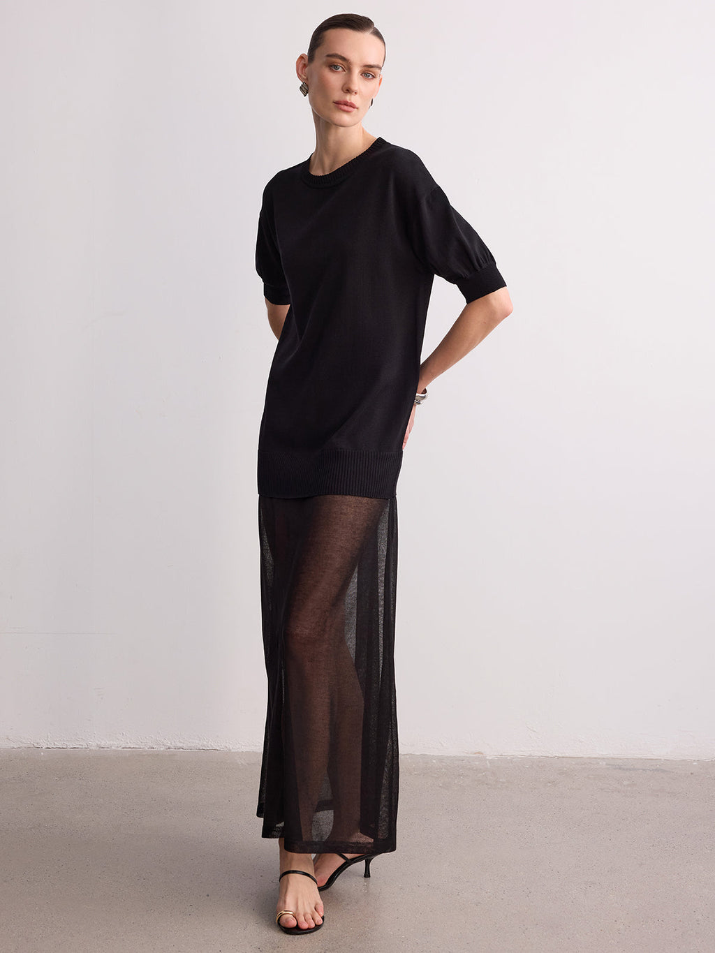Short Sleeve Sheer Hem Knit Maxi Dress