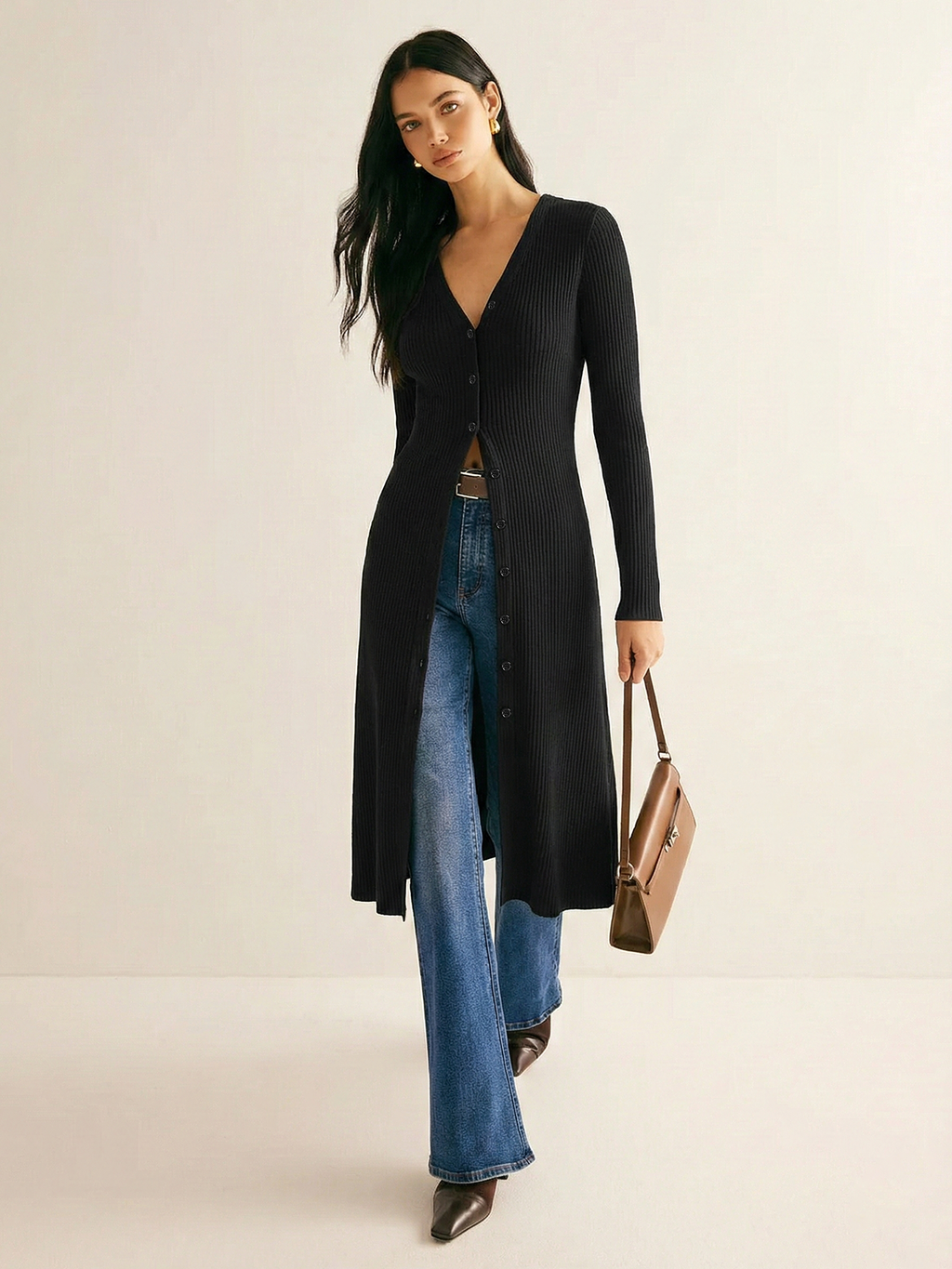 Long Sleeve Rib Knit Button Down Midi Dress