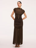 Semi-Sheer Ruched Mesh Cap Sleeve Maxi Dress