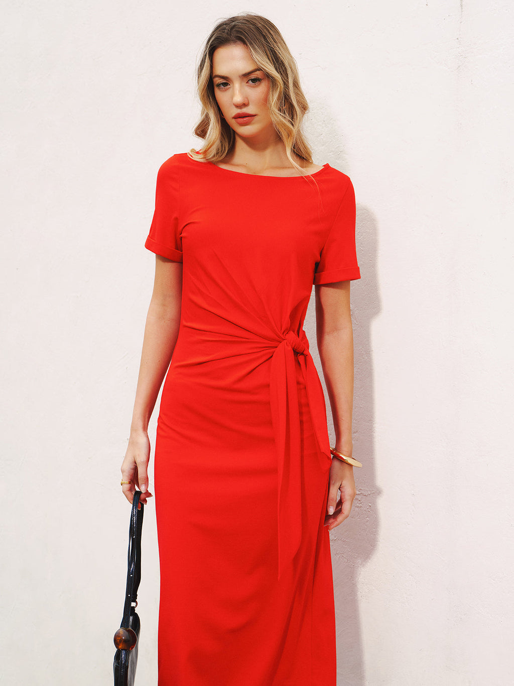 Short Sleeve Knot-Waist Midi Dress
