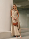 Collared Halter Backless Belted Maxi Dress