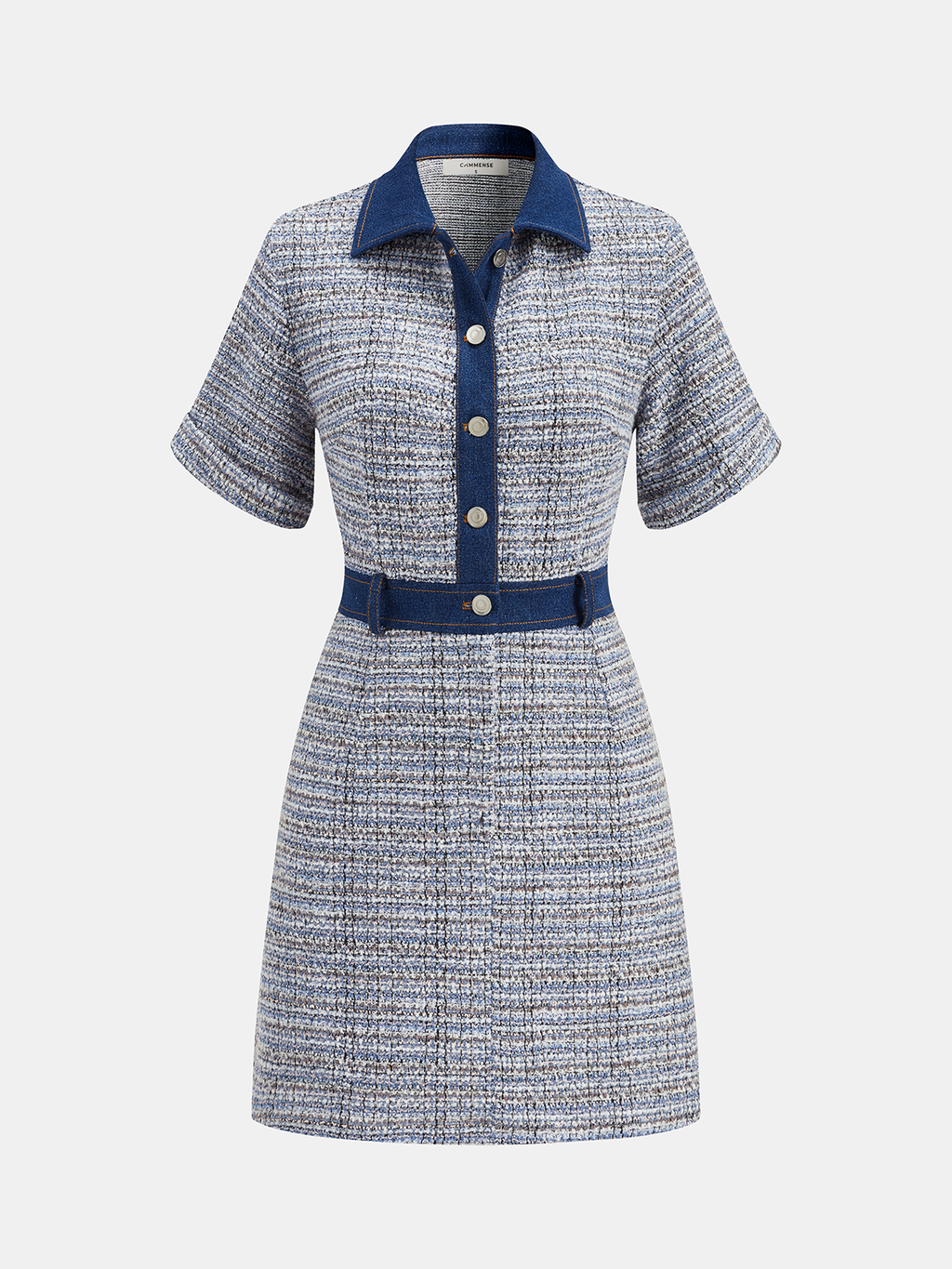 Denim Panel Tweed Mini Shirt Dress