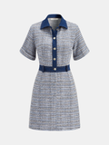 Denim Panel Tweed Mini Shirt Dress