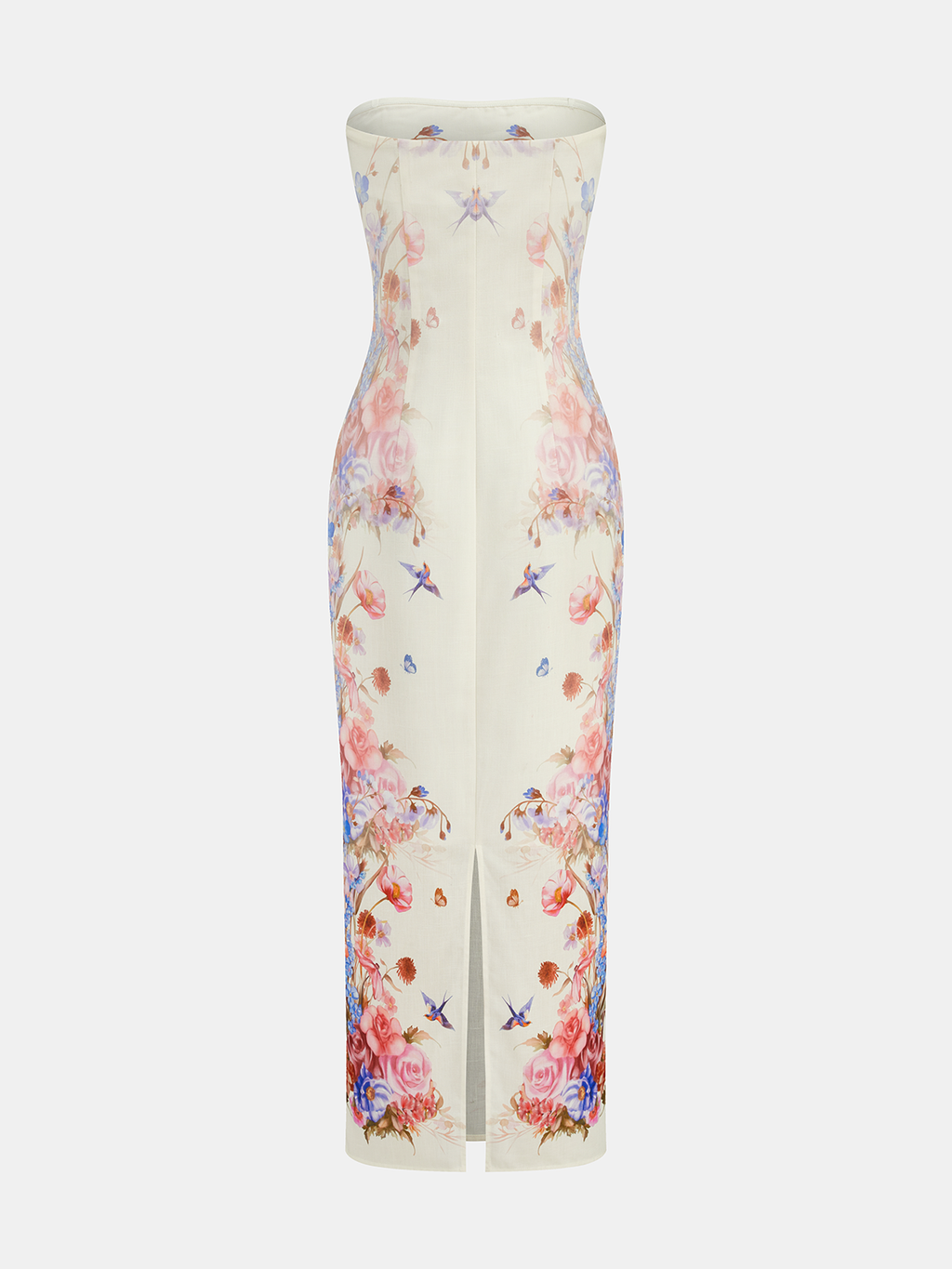 Strapless Floral Bird Print Maxi Dress