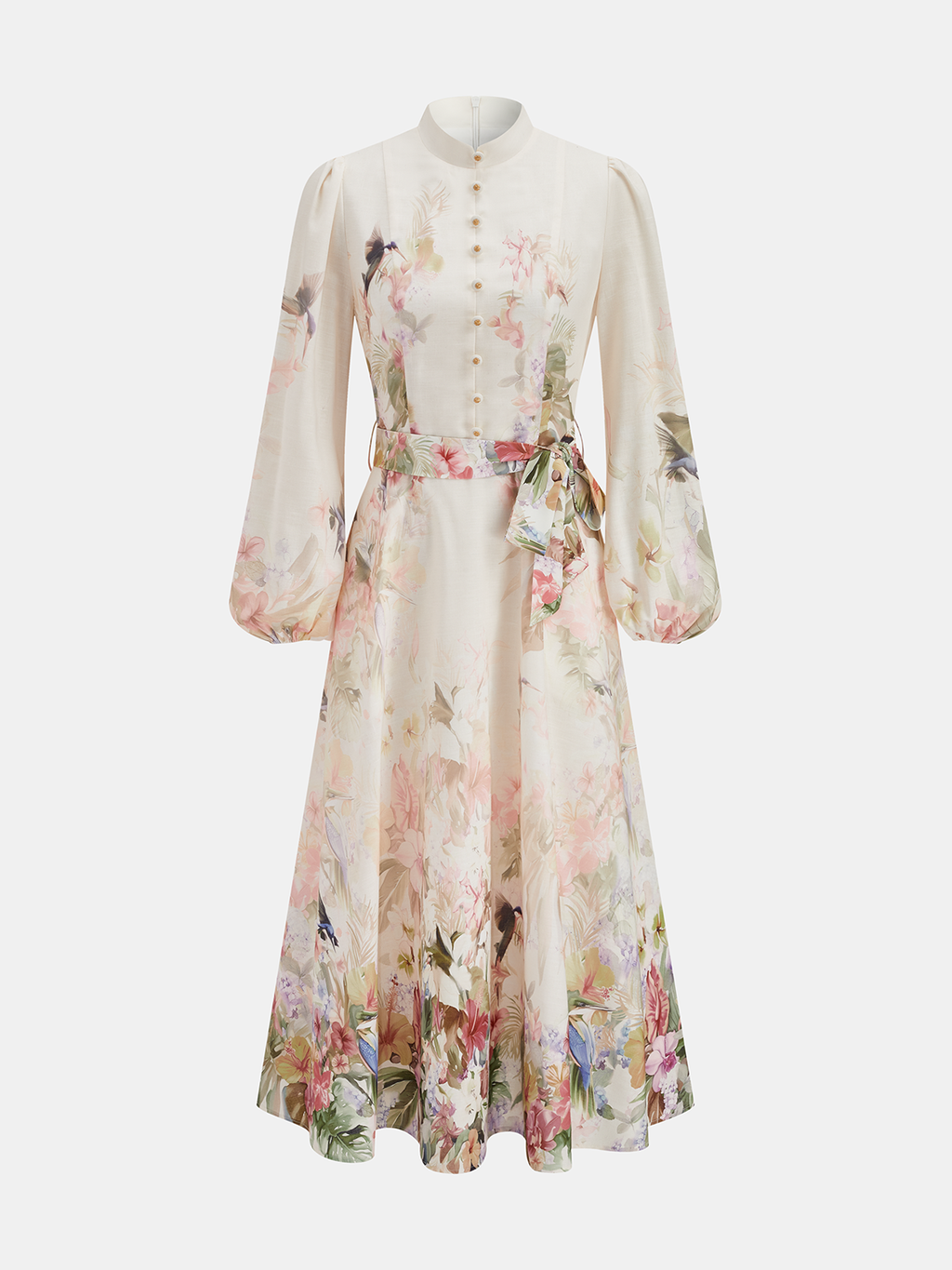 Floral Print Belted Puffed Sleeve Maxi Dress