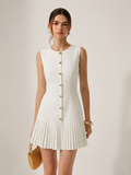 Metal Detail Sleeveless Pleated Mini Dress