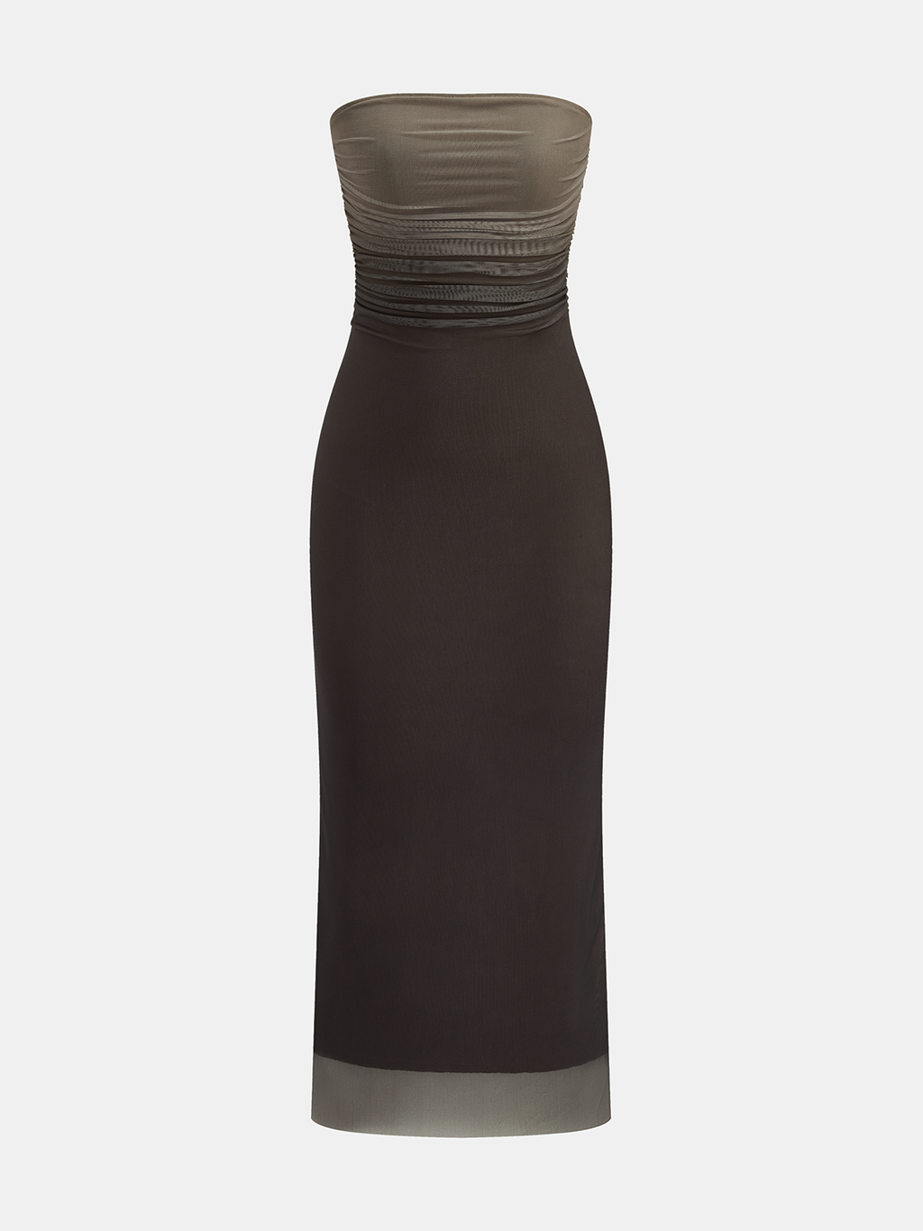 Ombre Mesh Ruched Strapless Maxi Dress