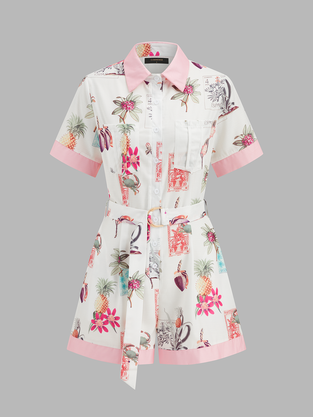 Cotton Linen Tropical Print Belted Romper