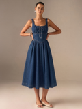 Denim Square Neck Tie Front Midi Dress