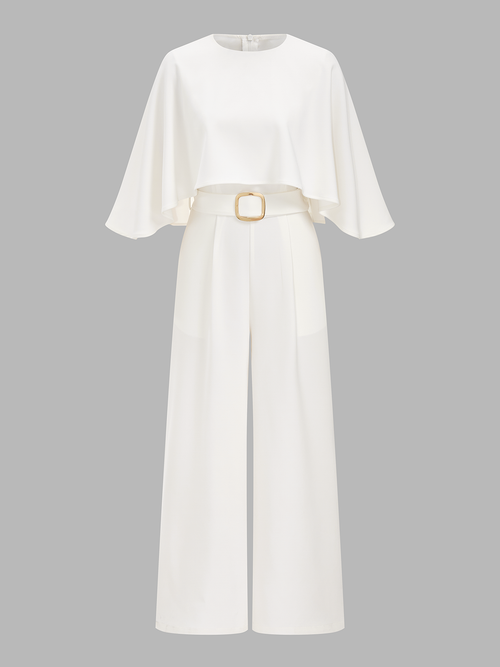Cape-Sleeve Belted Wide-Leg Jumpsuit