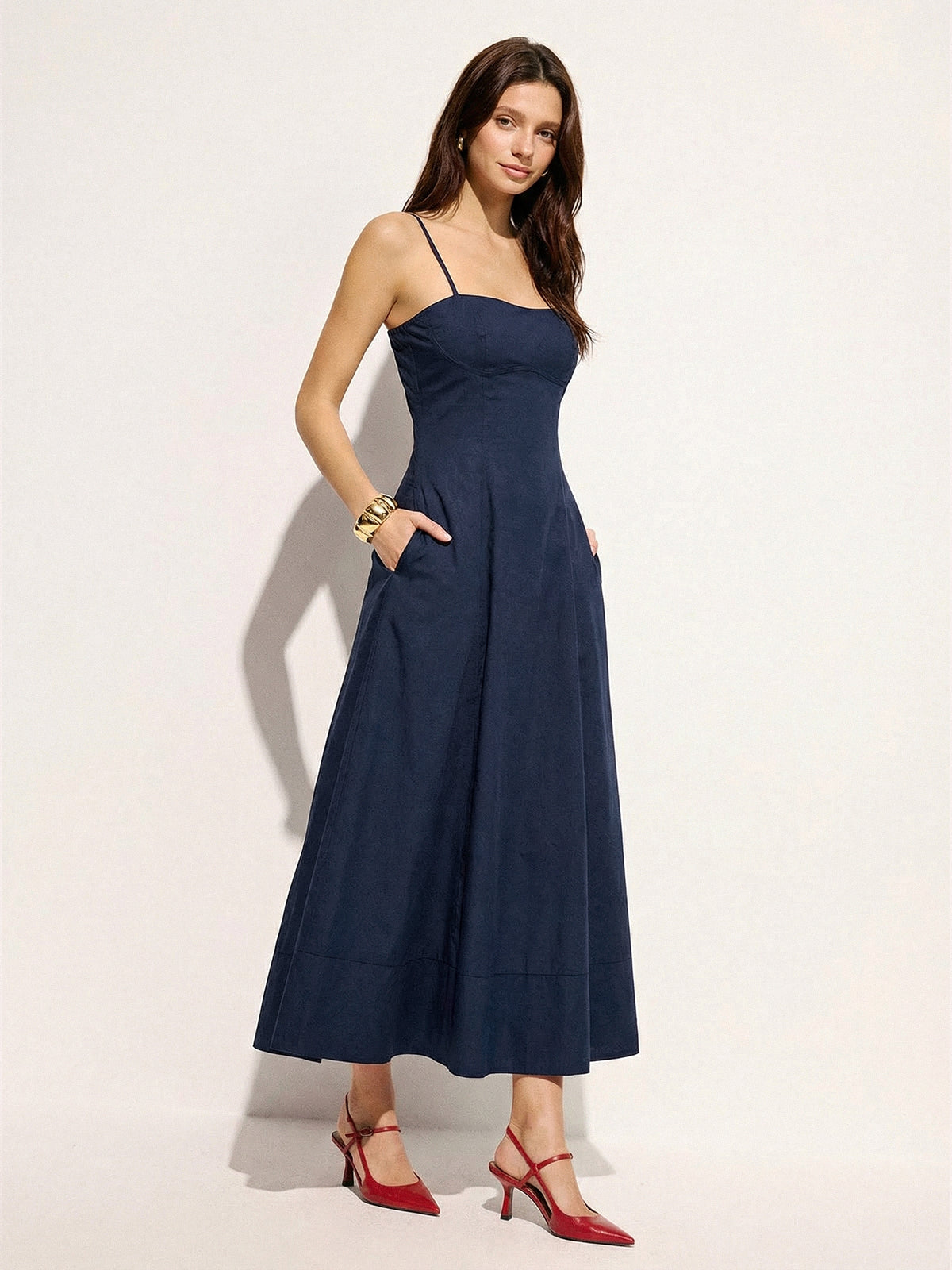 Cotton Blend Pocketed Cami Flared Maxi Dress