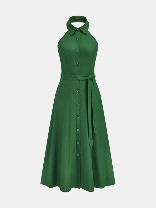 Belted Cotton Linen Halter Shirt Maxi Dress