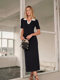 Contrast Collar Short Sleeve Knit Maxi Dress