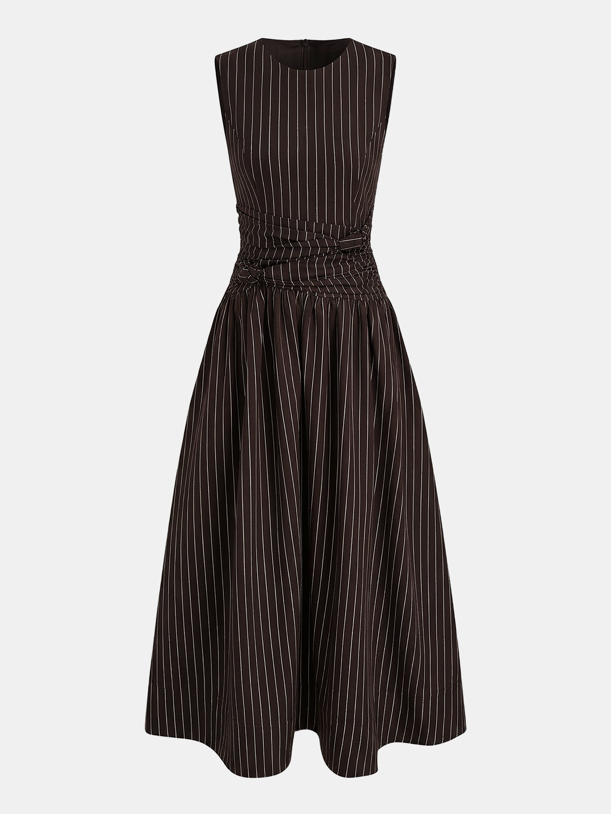 Cotton Blend Striped Ruched Sleeveless Maxi Dress