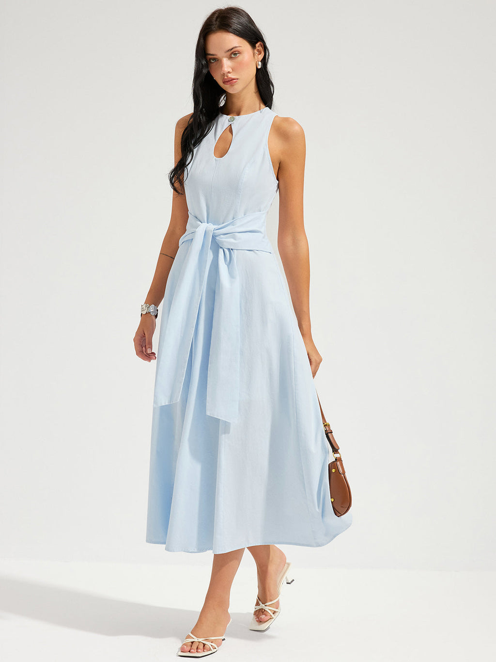 Cotton Sleeveless Keyhole Tie-Waist Maxi Dress