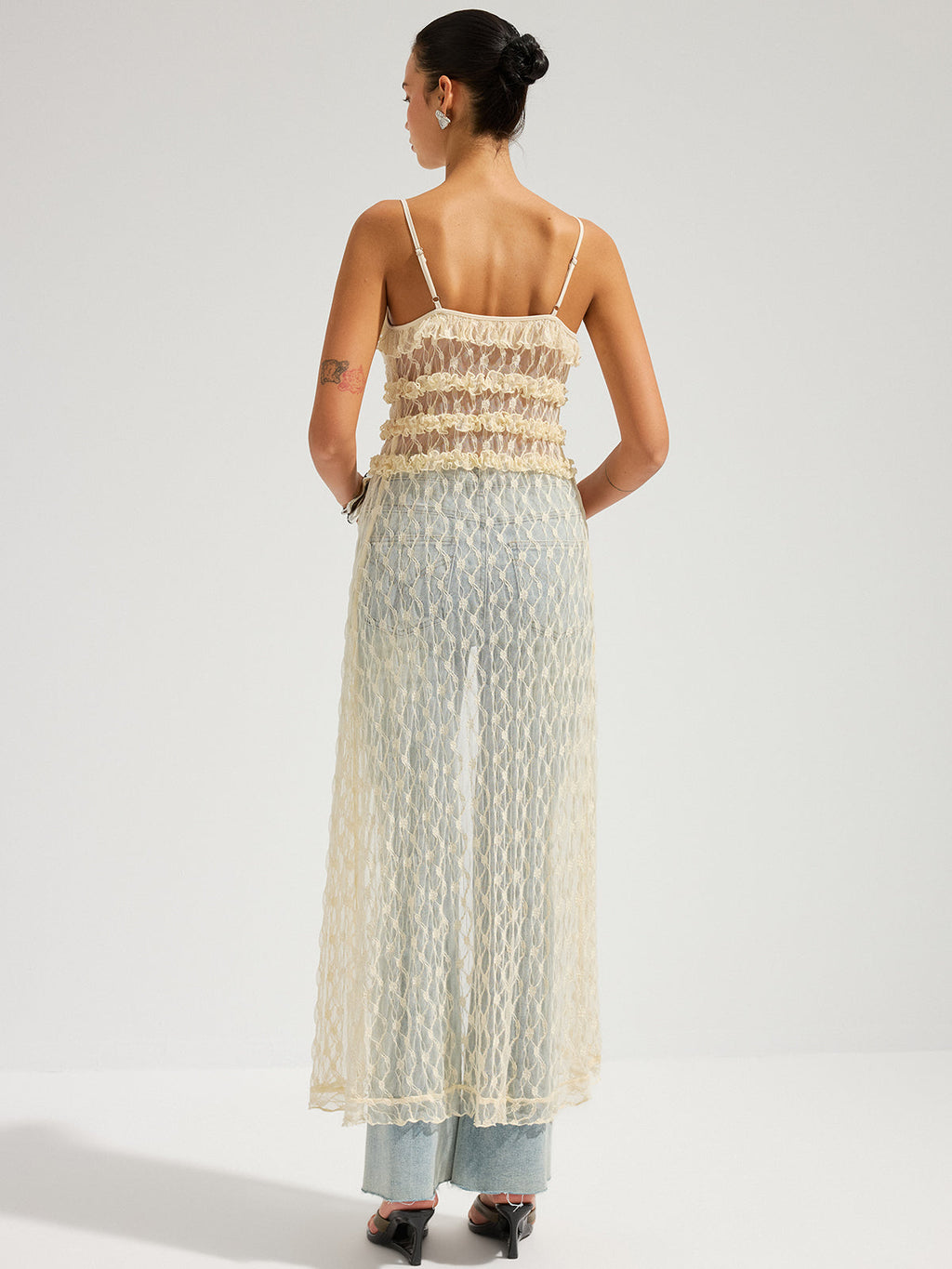 Ruffle Lace Sheer Cami Midi Dress