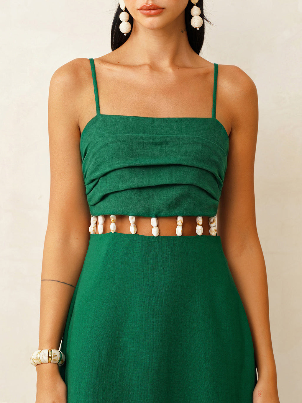 Linen-Blend Cutout Waist Cami Midi Dress