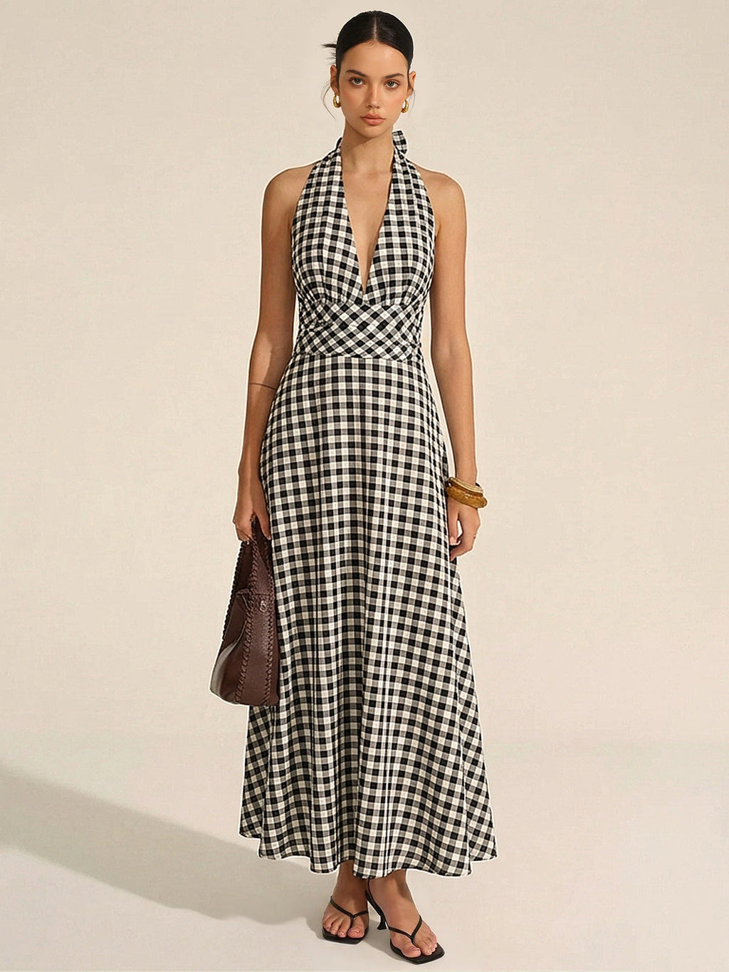 Gingham Halter Cotton Blend Maxi Dress