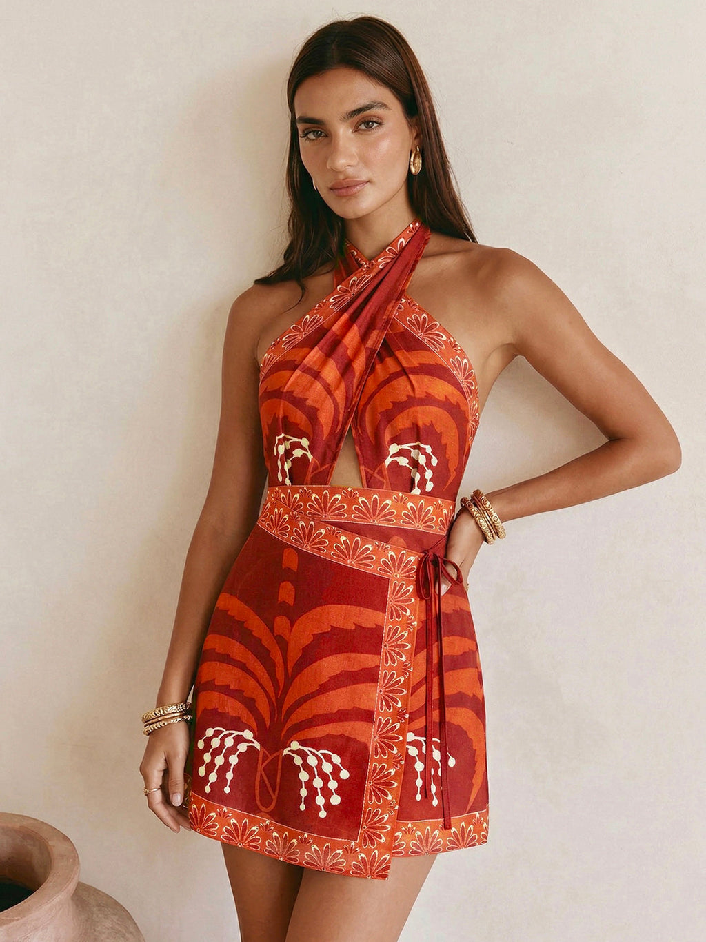 Tropical Print Halter Wrap Mini Dress