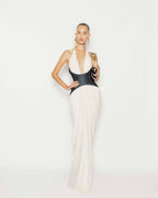 White Halter Deep V Denim Corset Draped Maxi Gown