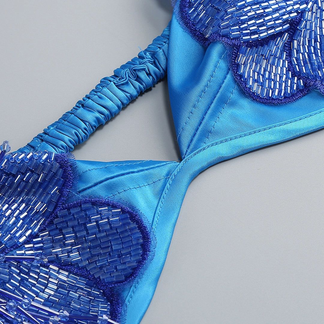 Black Satin Sequin A-Line Evening Gown with V-Neck & Open Back