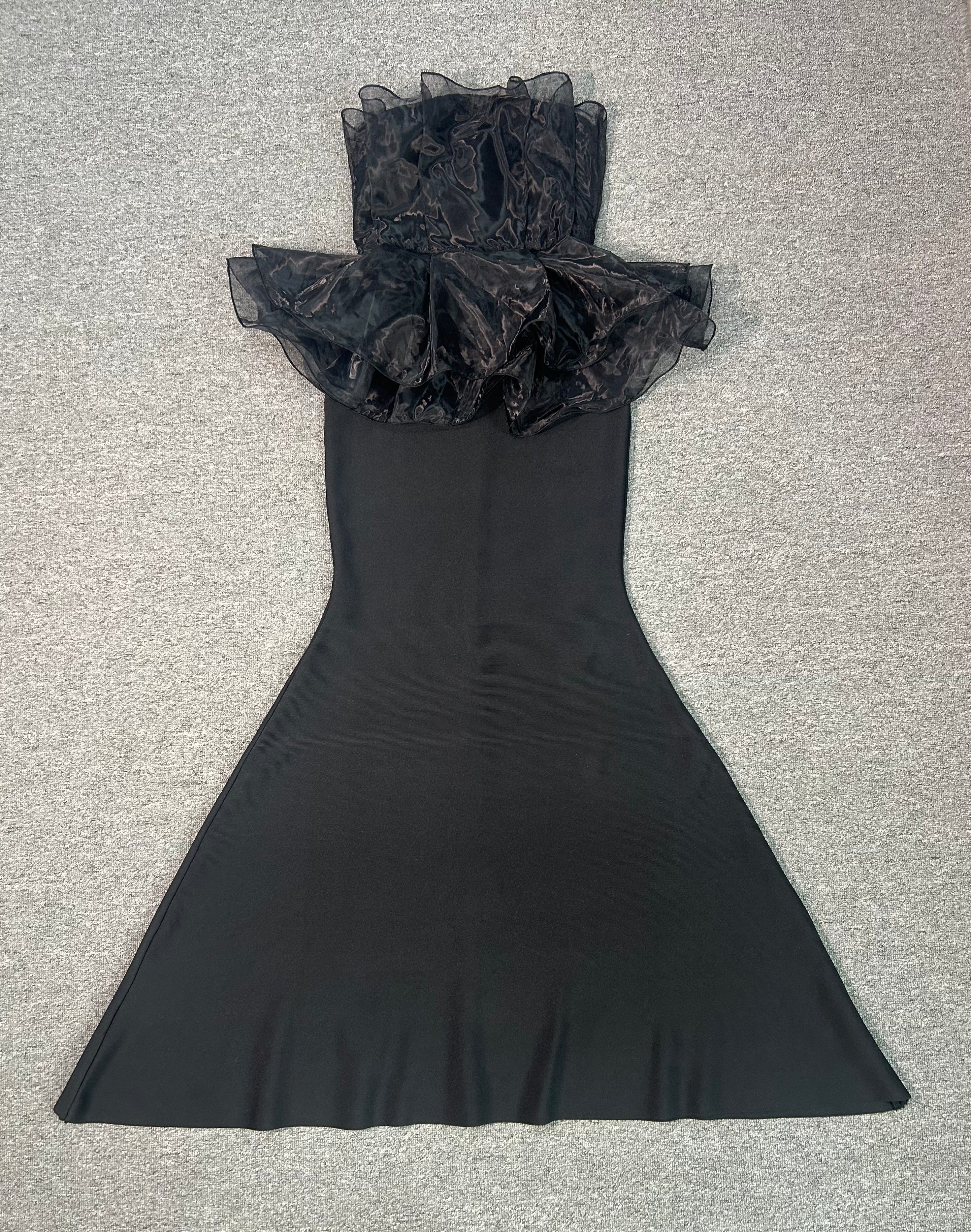 Black Strapless Tulle Ruffle Peplum Mermaid Gown