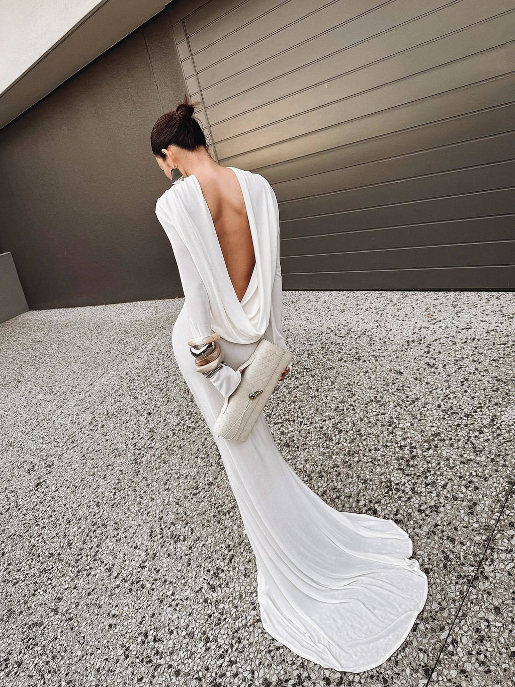 White One-Shoulder Drape-Back Maxi Gown