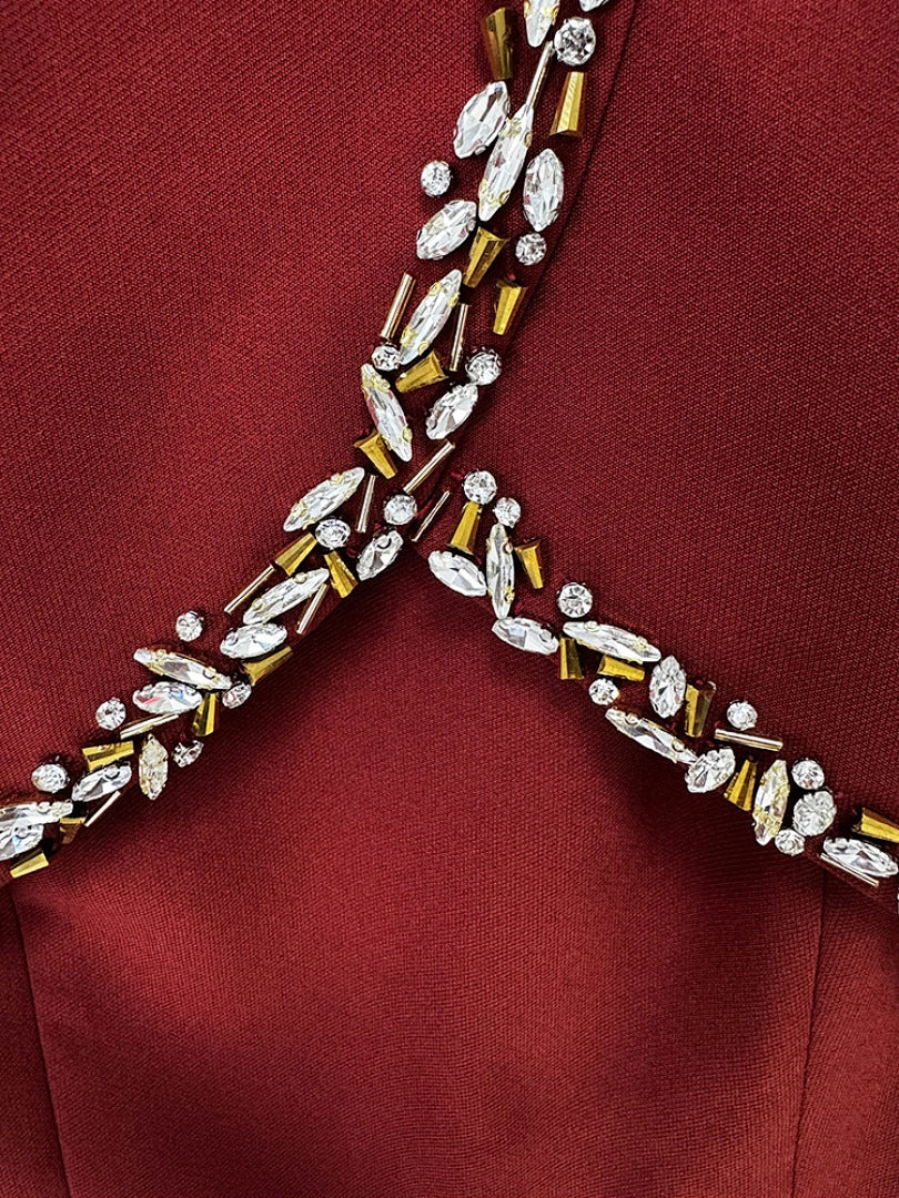 Navy Blue Satin Evening Gown with Crystal Embellishments & Sweetheart Neckline