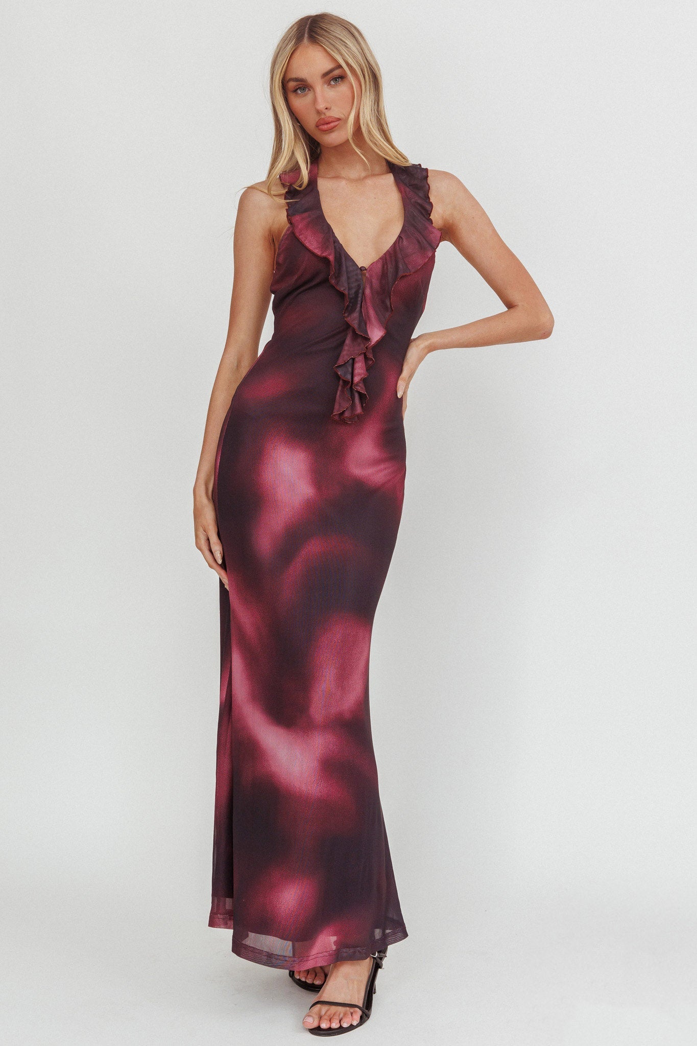 Live Loud Ruffle Halterneck Maxi Dress Print Brown