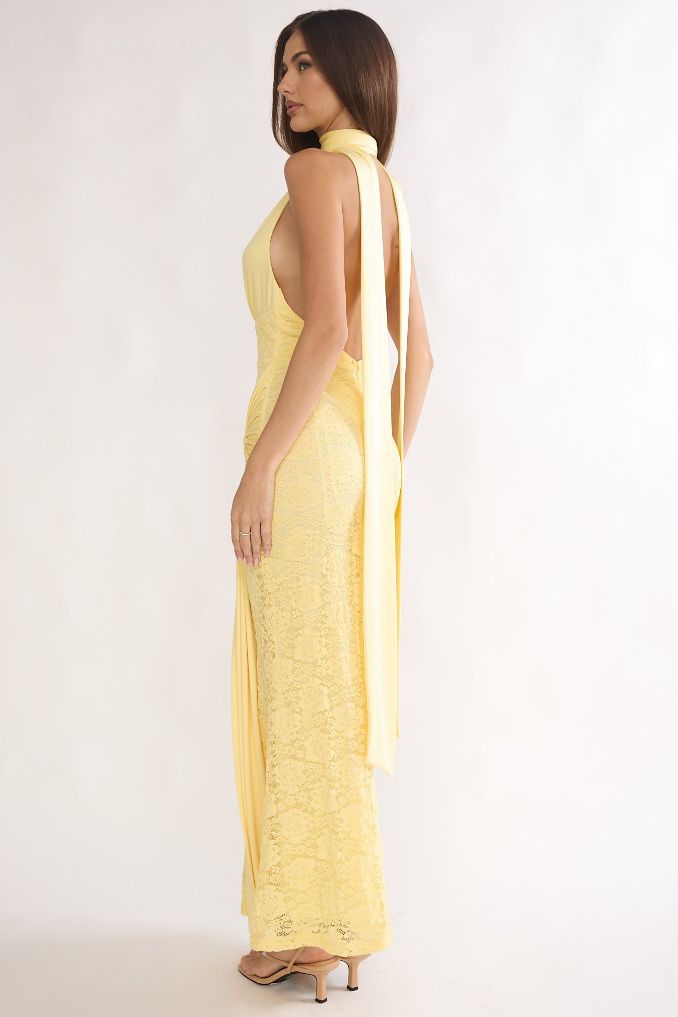Adair Halterneck Waist Sash Maxi Dress Lace Butter